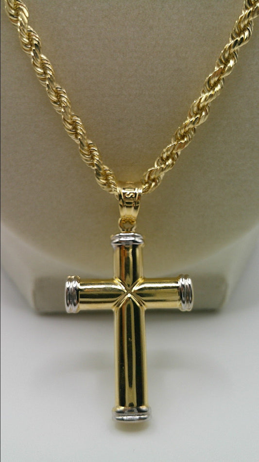 14k gold semi-solid rope chain with two-toned crucifix pendant