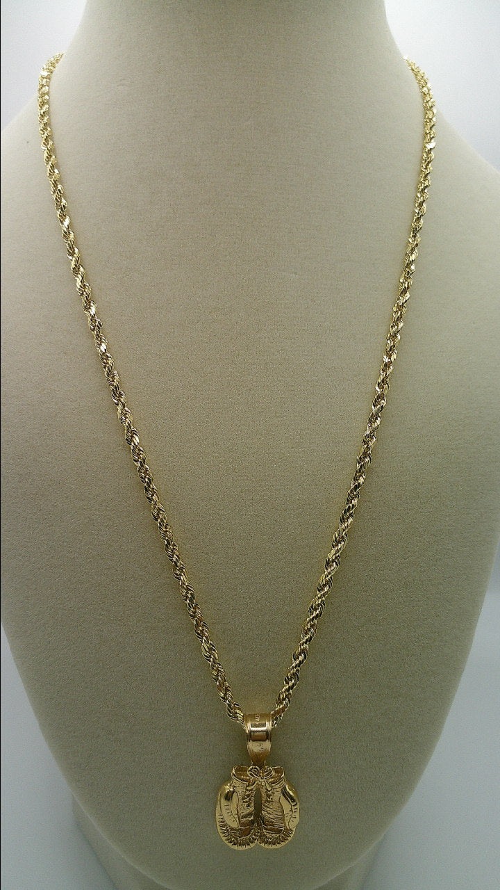 14k gold semi-solid rope chain with boxing gloves pendant | 19 inches