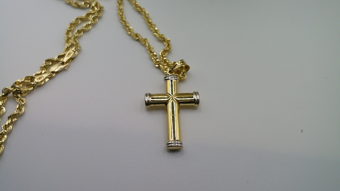 14k gold semi-solid rope chain with two-toned crucifix pendant