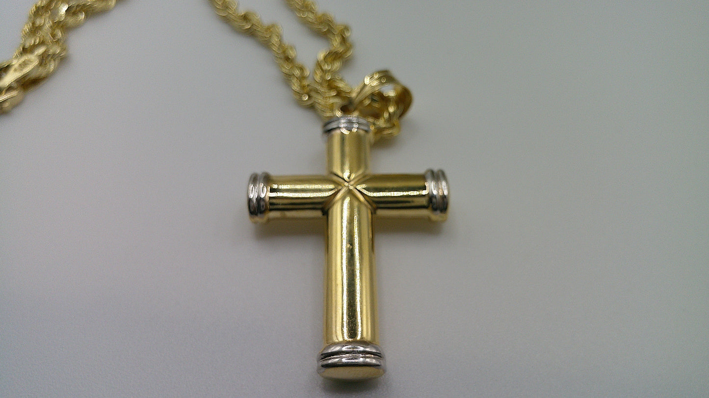 14k gold semi-solid rope chain with two-toned crucifix pendant