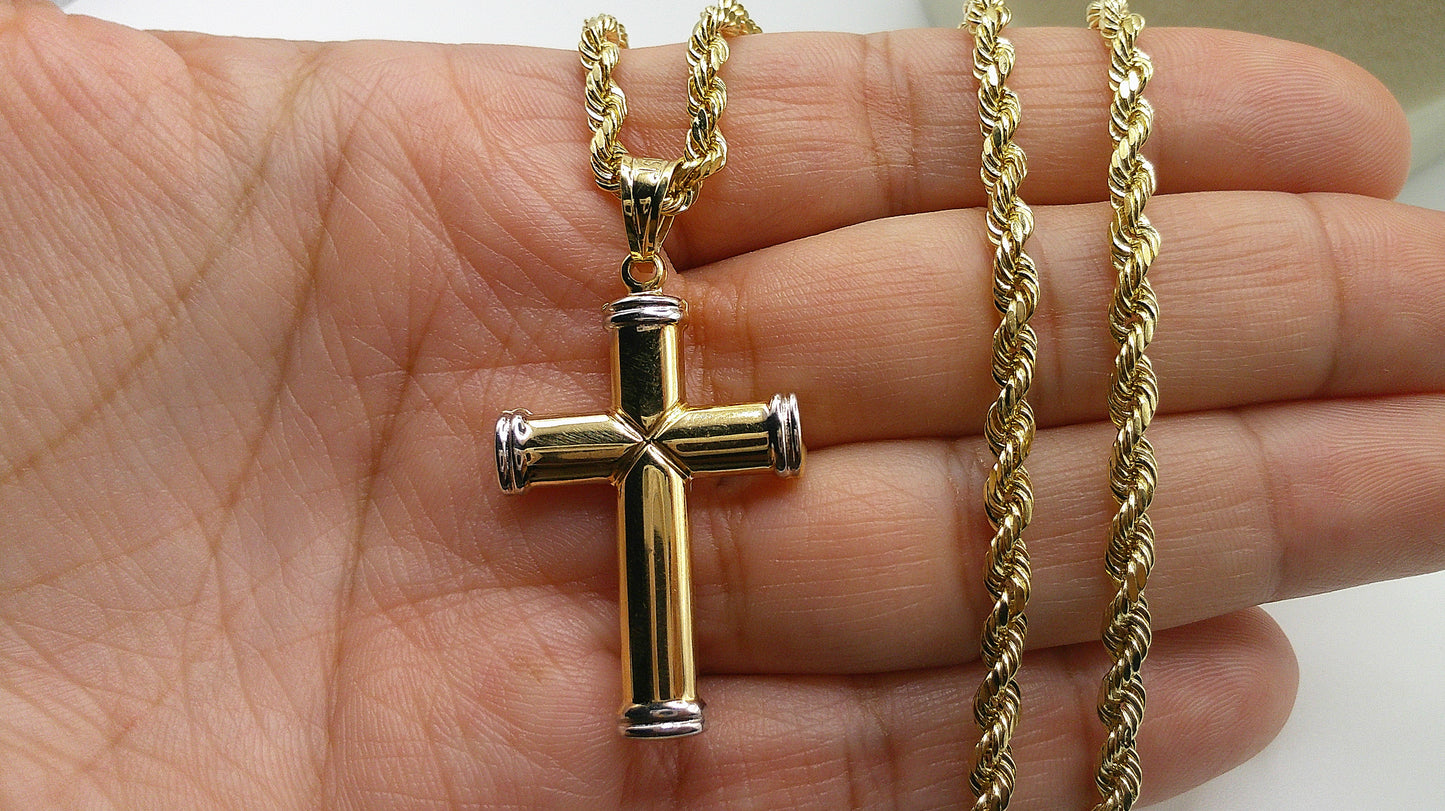 14k gold semi-solid rope chain with two-toned crucifix pendant