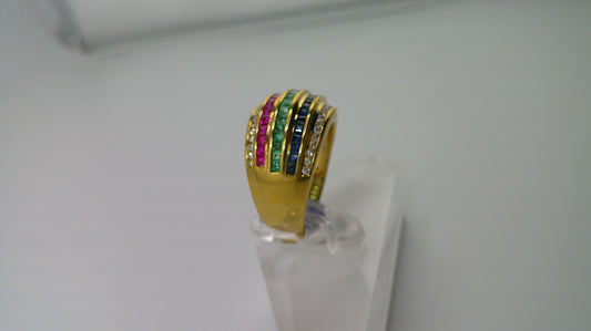 18k gold ring multi-color genuine stone | ruby, diamond, sapphire, and emerald | size 7