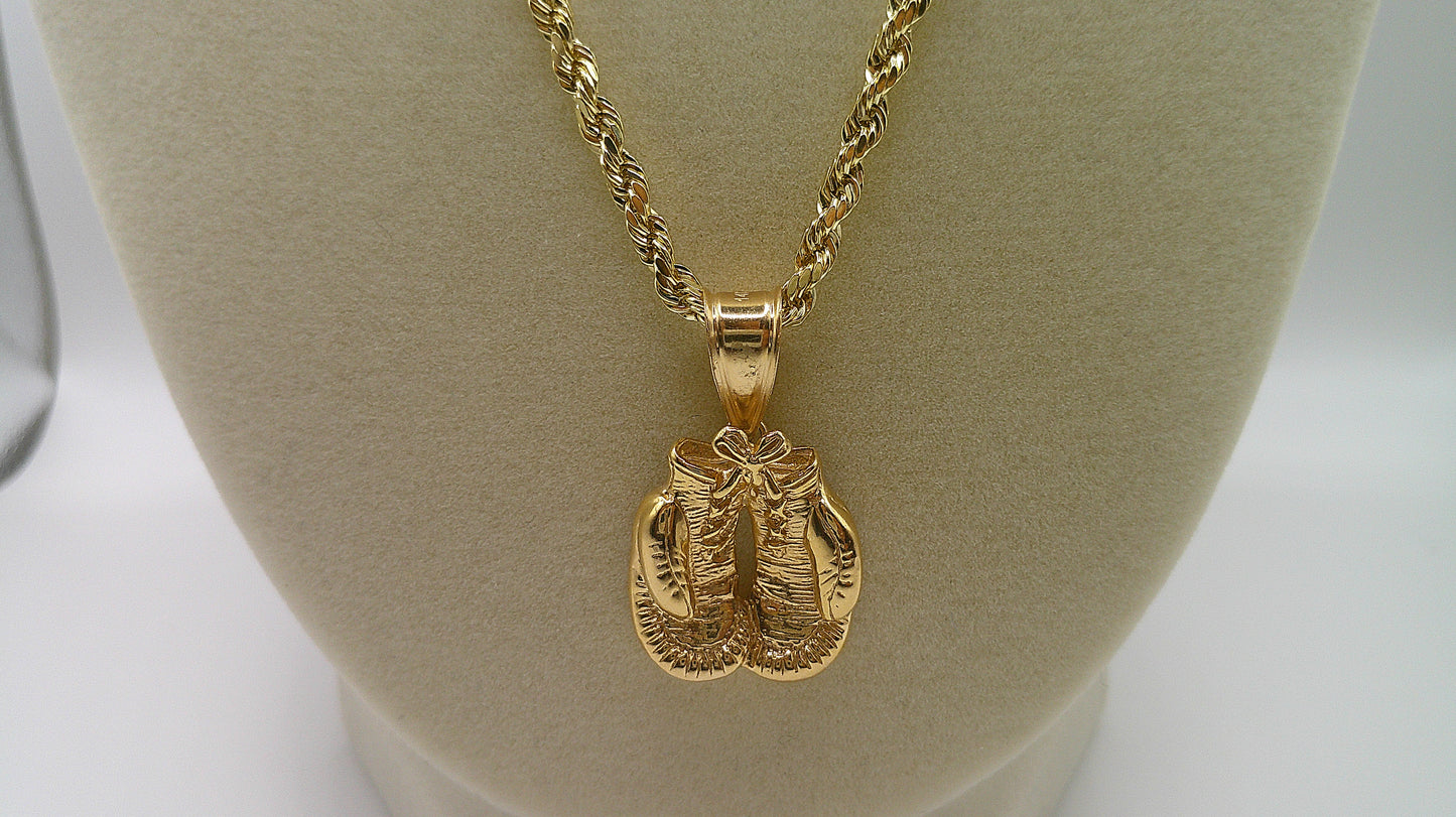 14k gold semi-solid rope chain with boxing gloves pendant | 19 inches