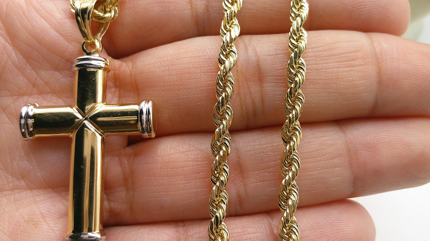 14k gold semi-solid rope chain with two-toned crucifix pendant