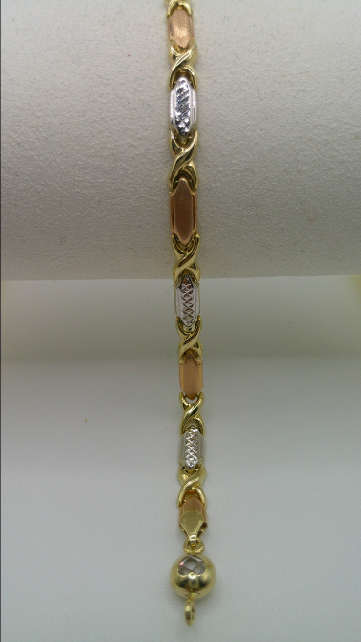 14k tri-color XO bracelet | fancy cut | yellow gold, rose gold, white gold | 7.25 inches