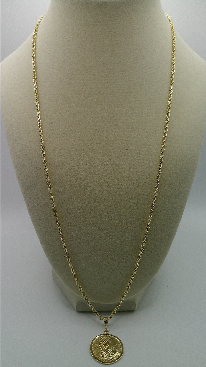 14k gold rope chain with prayer hands pendant | 24 inches