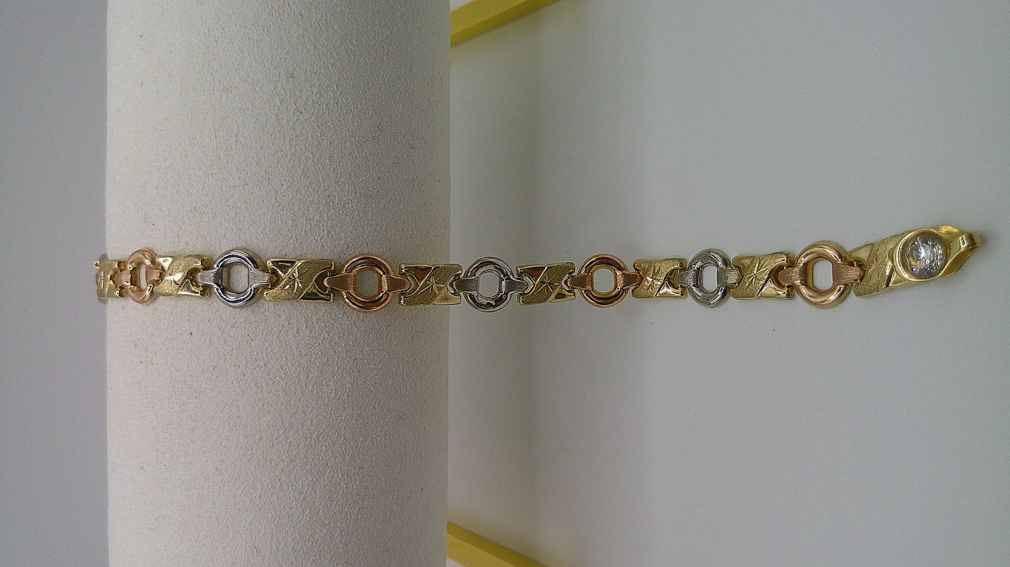 14k tri-color gold XO open link bracelet | yellow gold, rose gold, white gold | star center design | 7.5 inches