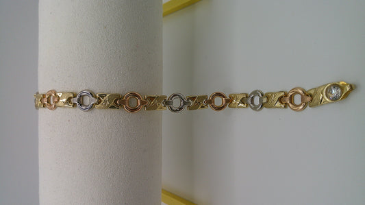 14k tri-color gold XO open link bracelet | yellow gold, rose gold, white gold | star center design | 7.5 inches