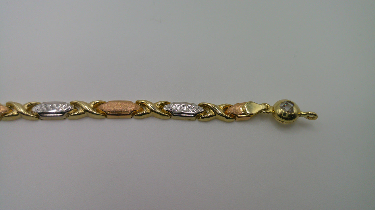 14k tri-color XO bracelet | fancy cut | yellow gold, rose gold, white gold | 7.25 inches