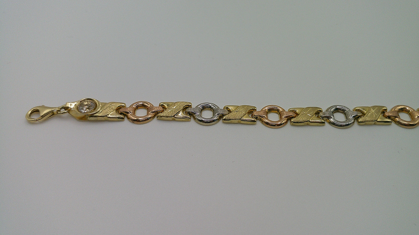 14k tri-color gold XO open link bracelet | yellow gold, rose gold, white gold | star center design | 7.5 inches