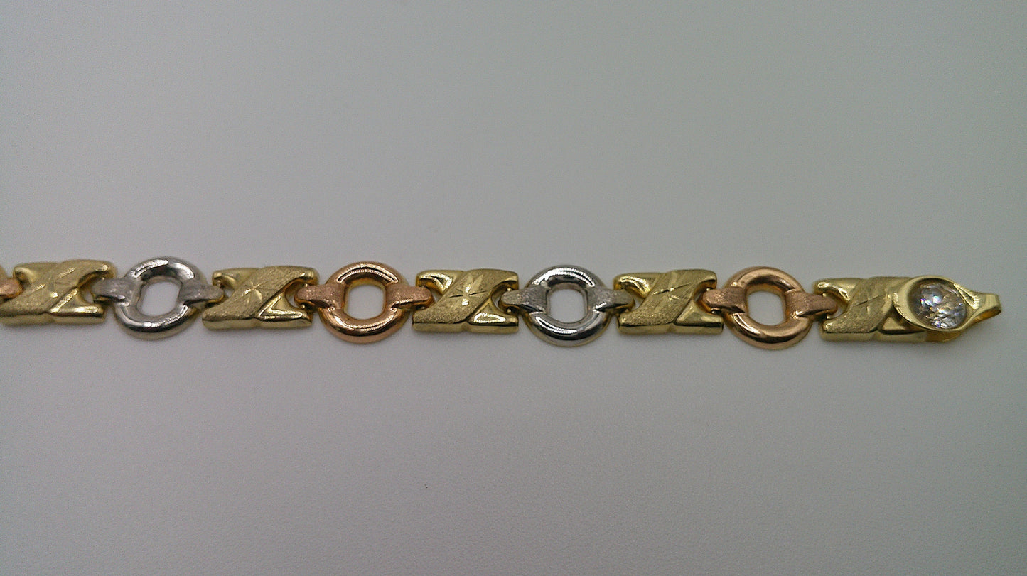 14k tri-color gold XO open link bracelet | yellow gold, rose gold, white gold | star center design | 7.5 inches