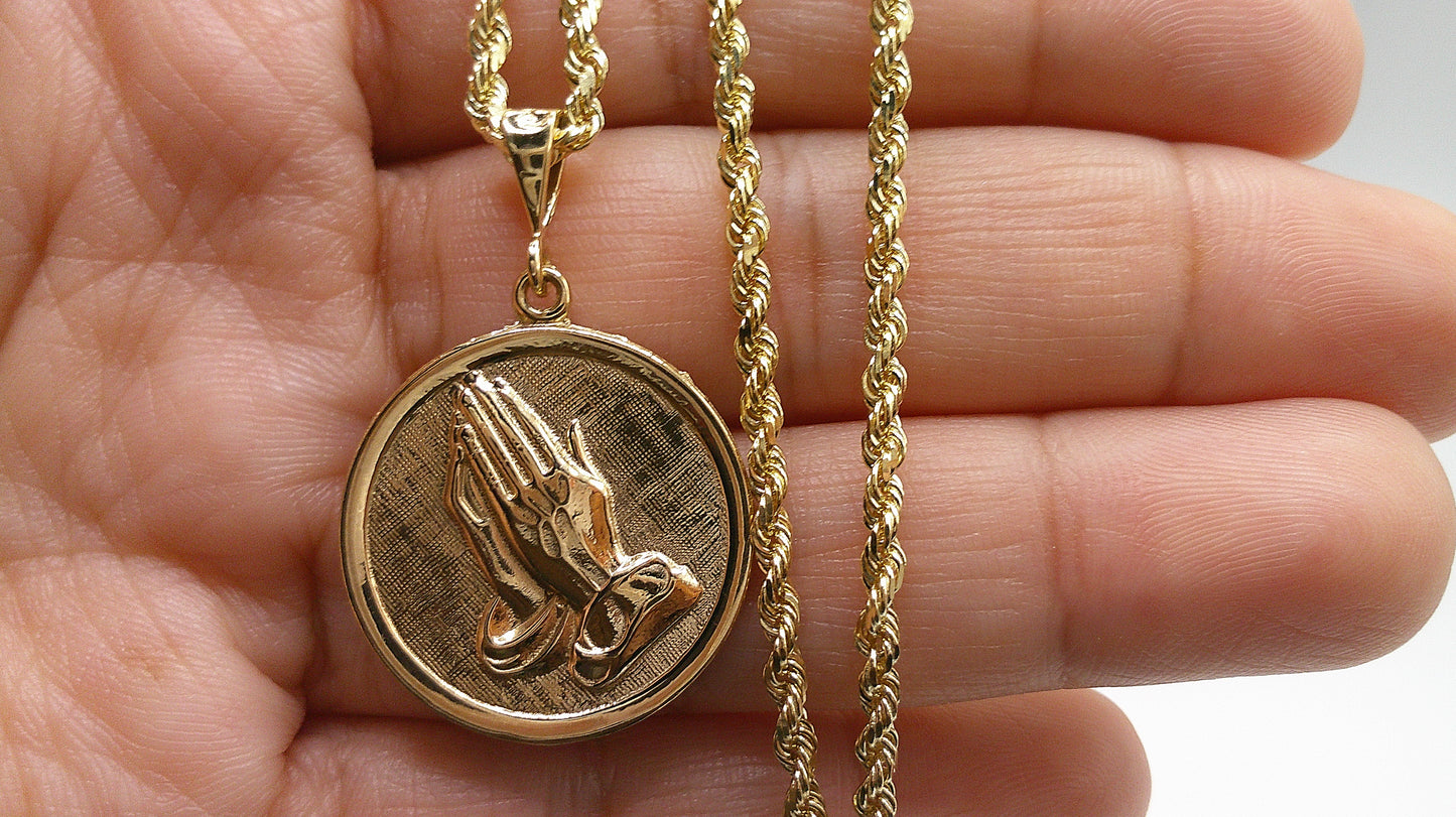 14k gold rope chain with prayer hands pendant | 24 inches