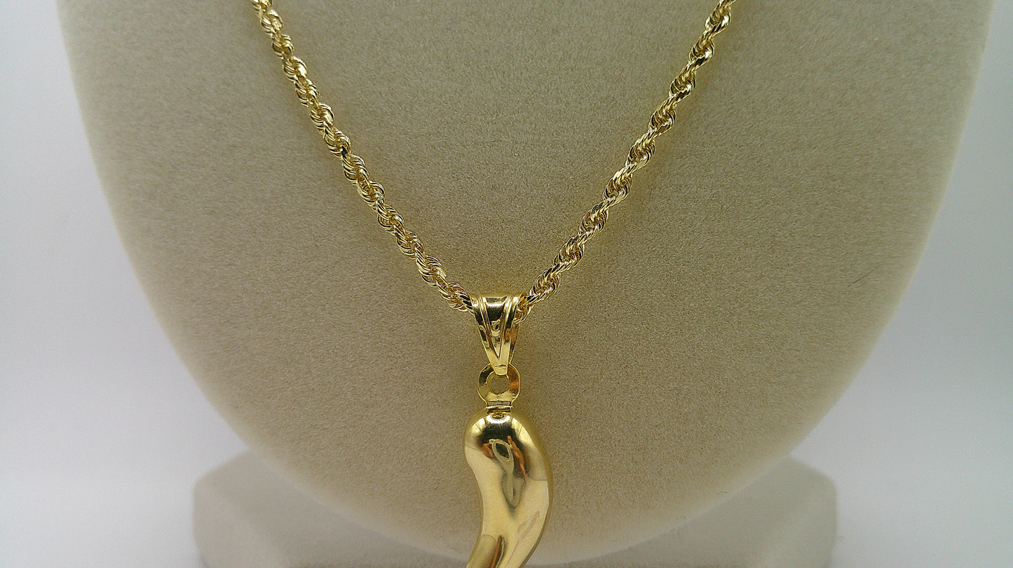 14k gold rope chain with Italian horn pendant | 22 inches