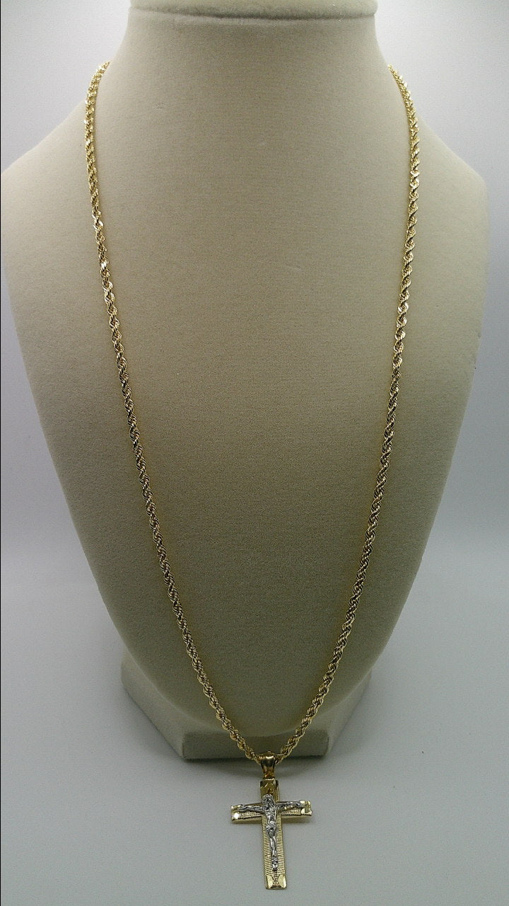 14k gold rope chain with two-toned crucifix pendant | 24 inches