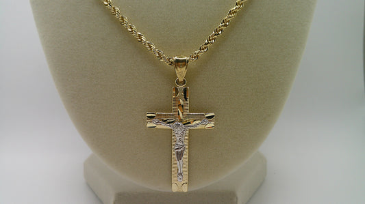 14k gold rope chain with two-toned crucifix pendant | 24 inches