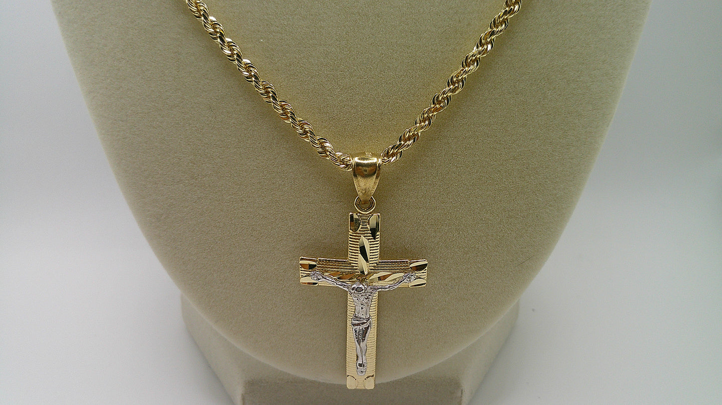 14k gold rope chain with two-toned crucifix pendant | 24 inches