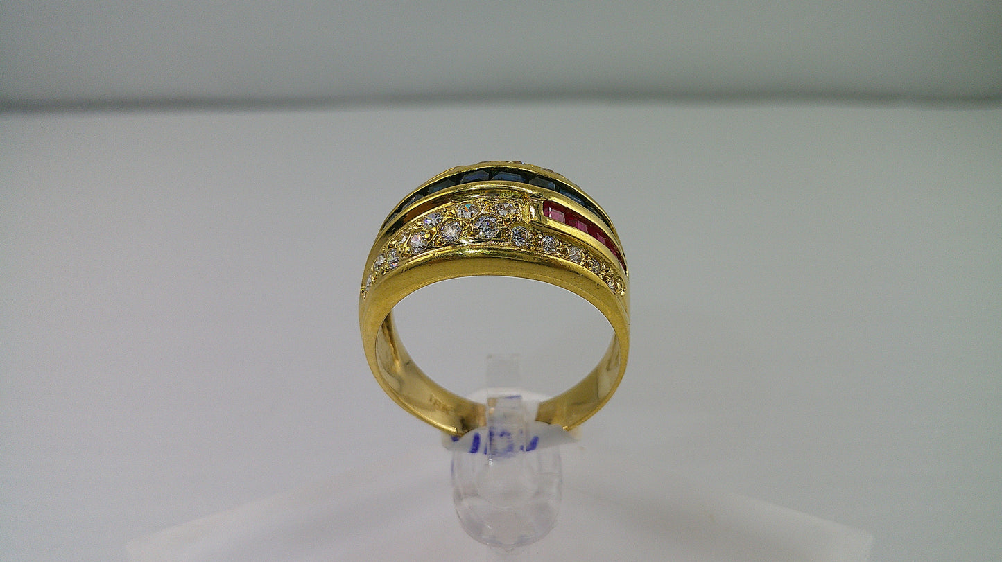 18k gold ring | ruby, sapphire, and zirconia | size 9.5