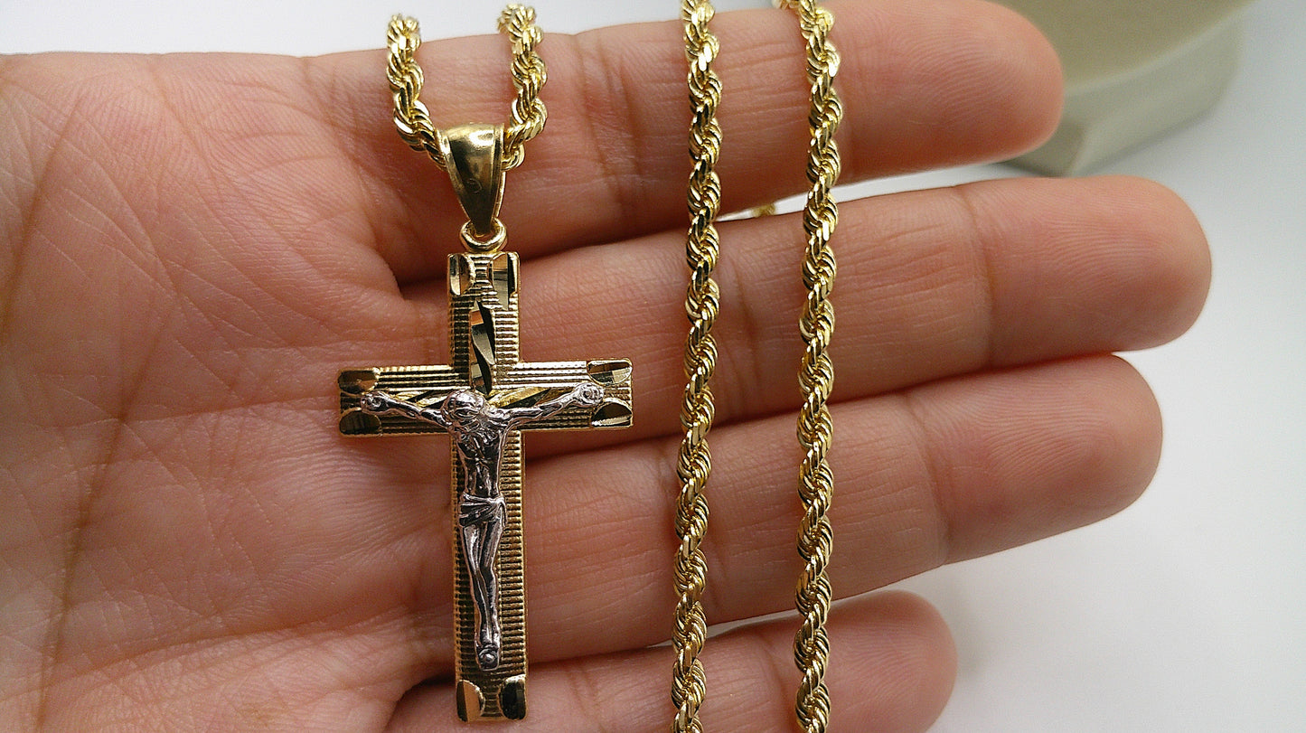 14k gold rope chain with two-toned crucifix pendant | 24 inches