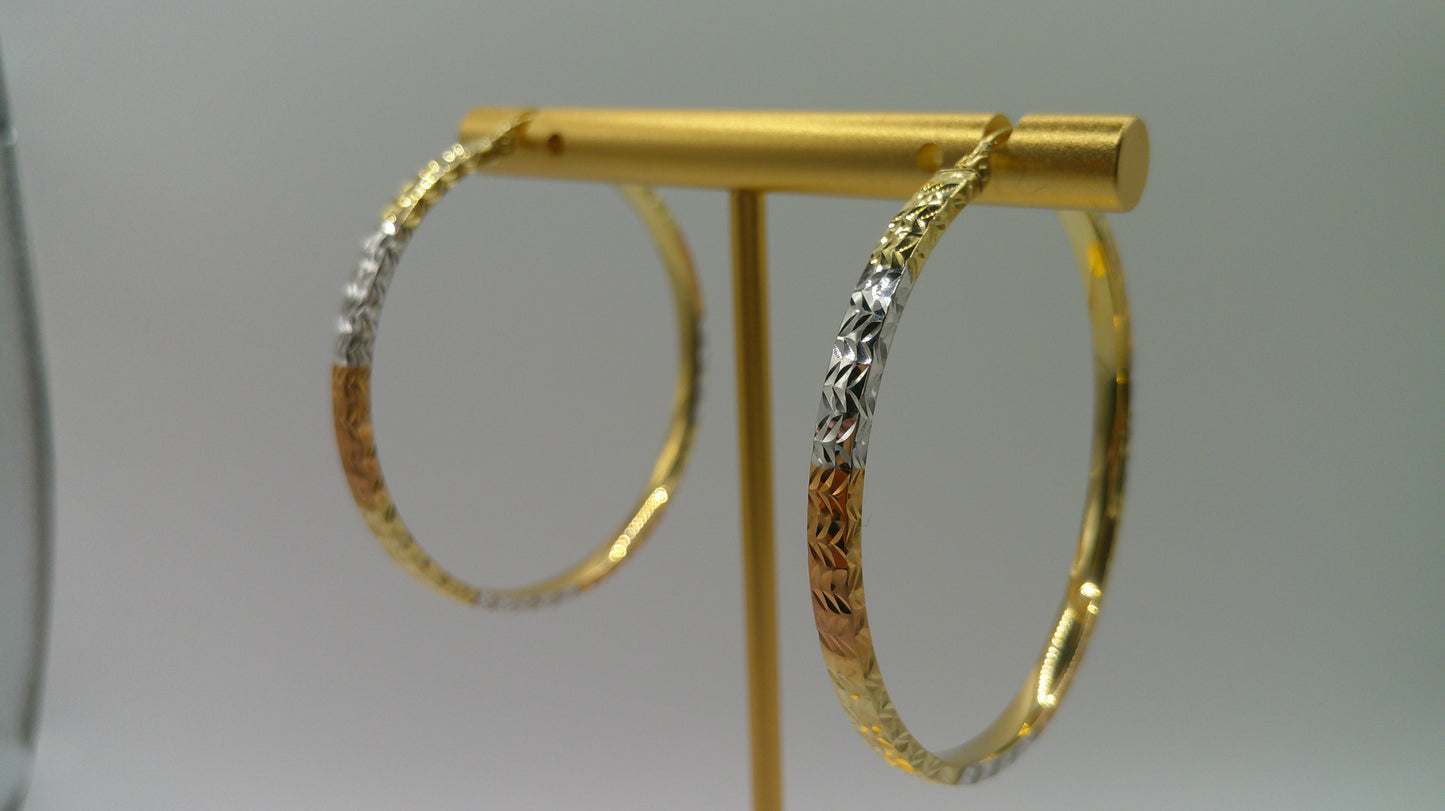 14k tri-color gold | white gold, yellow gold, rose gold | diamond cut hoop | 2mm | 1.75 inch wide