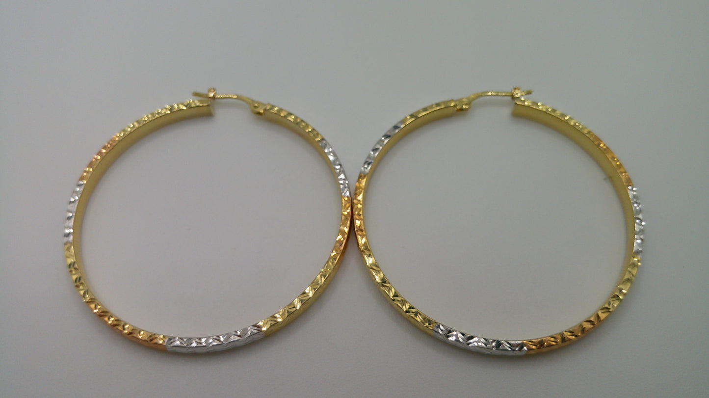 14k tri-color gold | white gold, yellow gold, rose gold | diamond cut hoop | 2mm | 1.75 inch wide