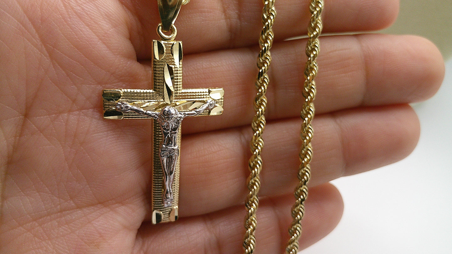 14k gold rope chain with two-toned crucifix pendant | 24 inches