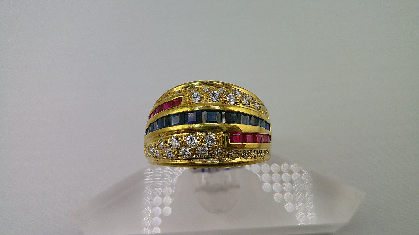 18k gold ring | ruby, sapphire, and zirconia | size 9.5