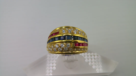 18k gold ring | ruby, sapphire, and zirconia | size 9.5