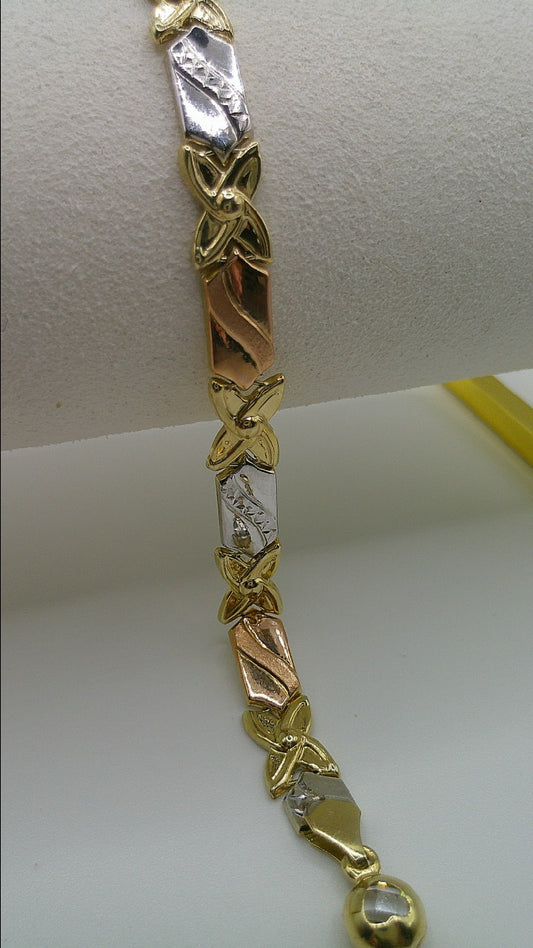 14k gold tri-color XO bracelet | yellow gold, rose gold, white gold | 7.25 inches