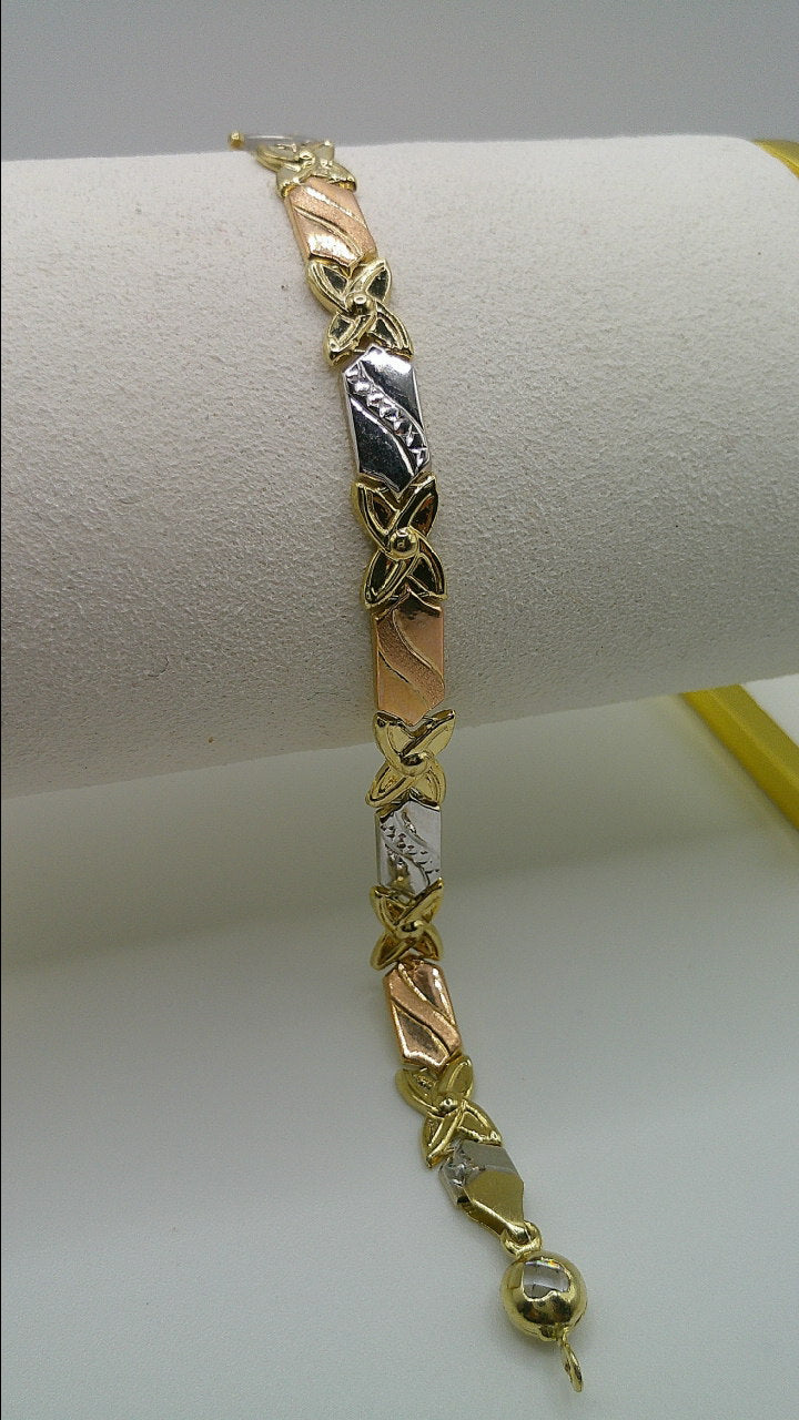 14k gold tri-color XO bracelet | yellow gold, rose gold, white gold | 7.25 inches