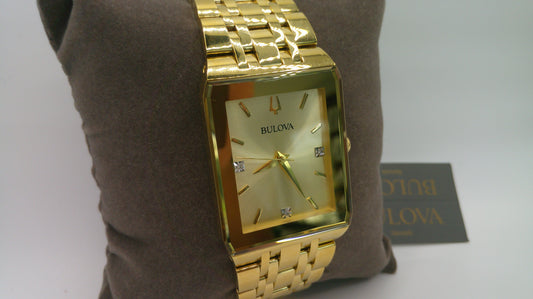 Bulova Watch | Diamonds | Rectangle face | Yellow toned stainless steel band