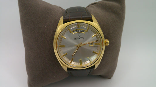 Bulova Watch | Yellow toned stainless steel face | Genuine brown leather