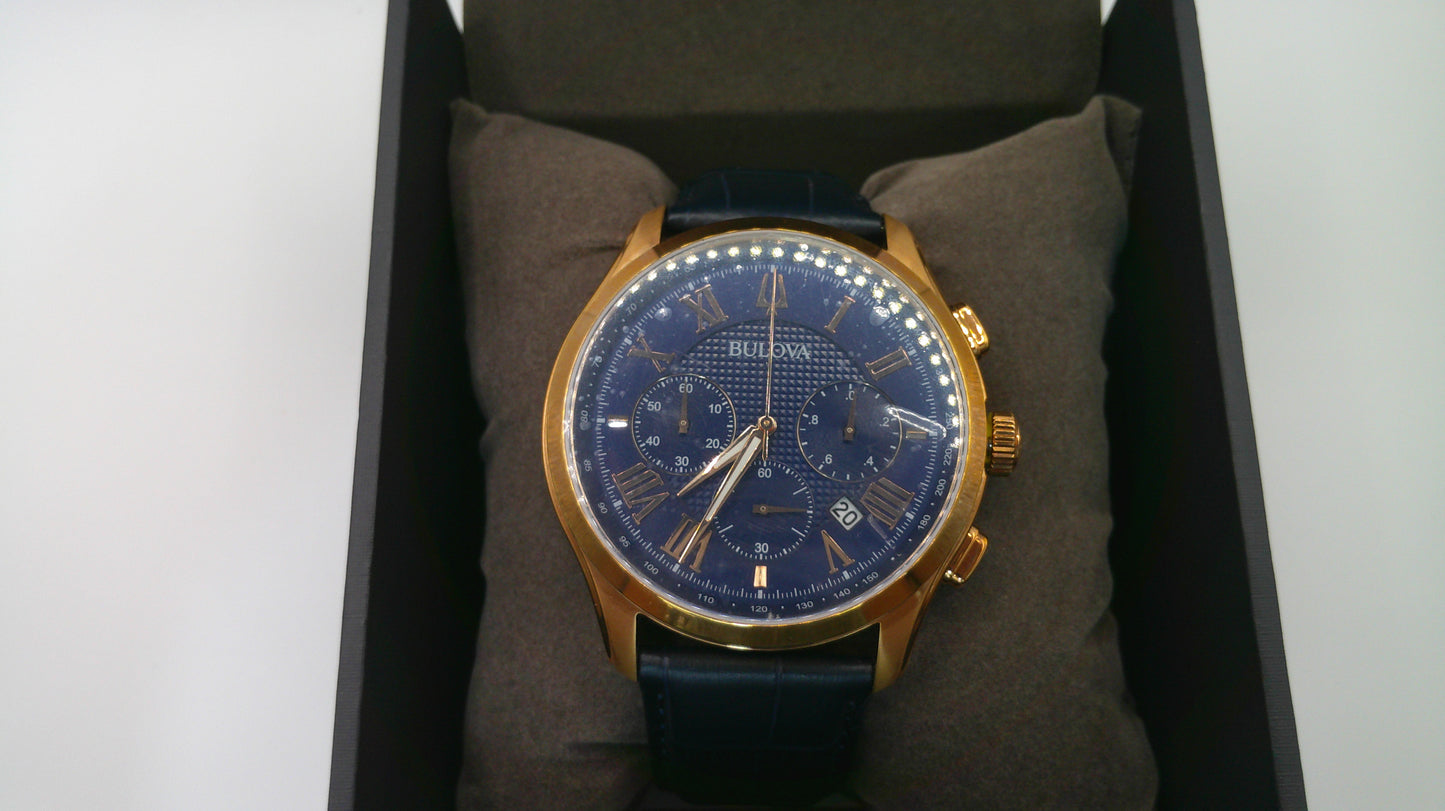 Bulova Watch | Rose gold toned stainless steel face | Genuine leather | Blue band and face