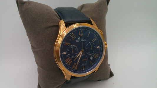 Bulova Watch | Rose gold toned stainless steel face | Genuine leather | Blue band and face