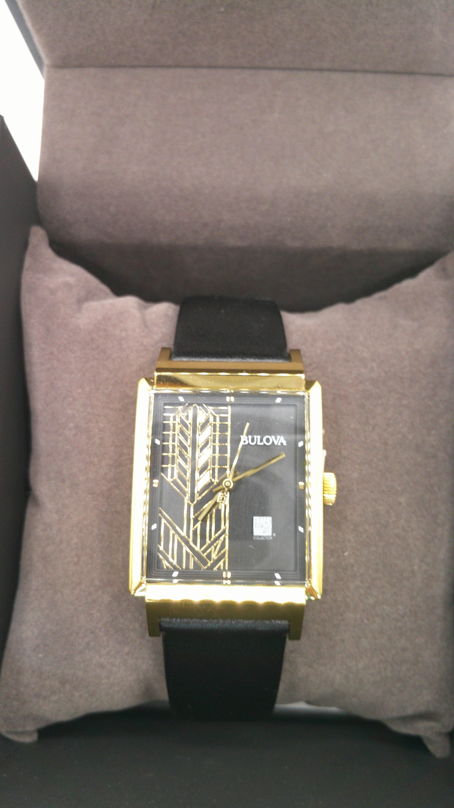 Bulova Watch | Yellow toned stainless steel | Frank Lloyd Wright Collection | Genuine black leather