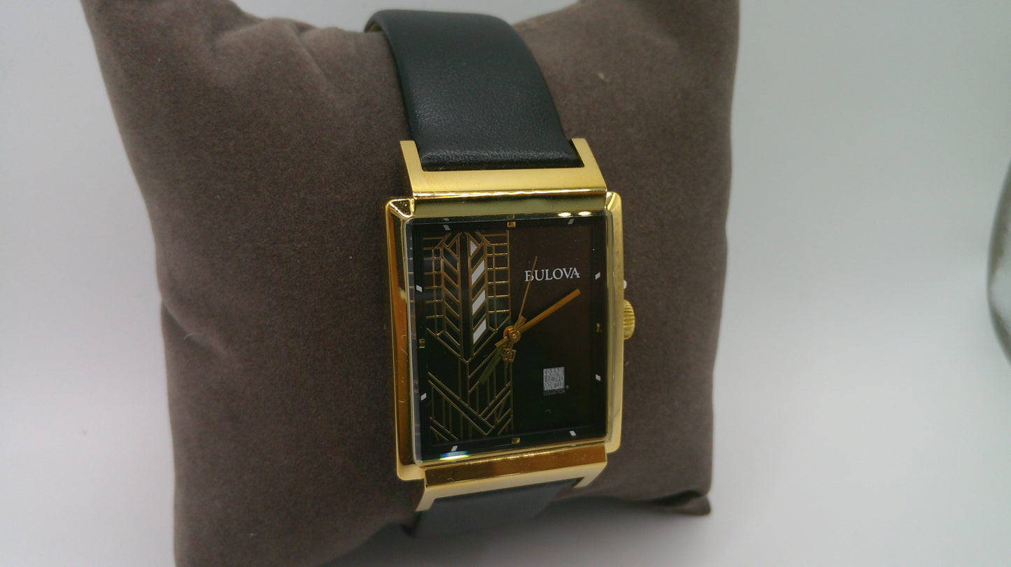 Bulova Watch | Yellow toned stainless steel | Frank Lloyd Wright Collection | Genuine black leather