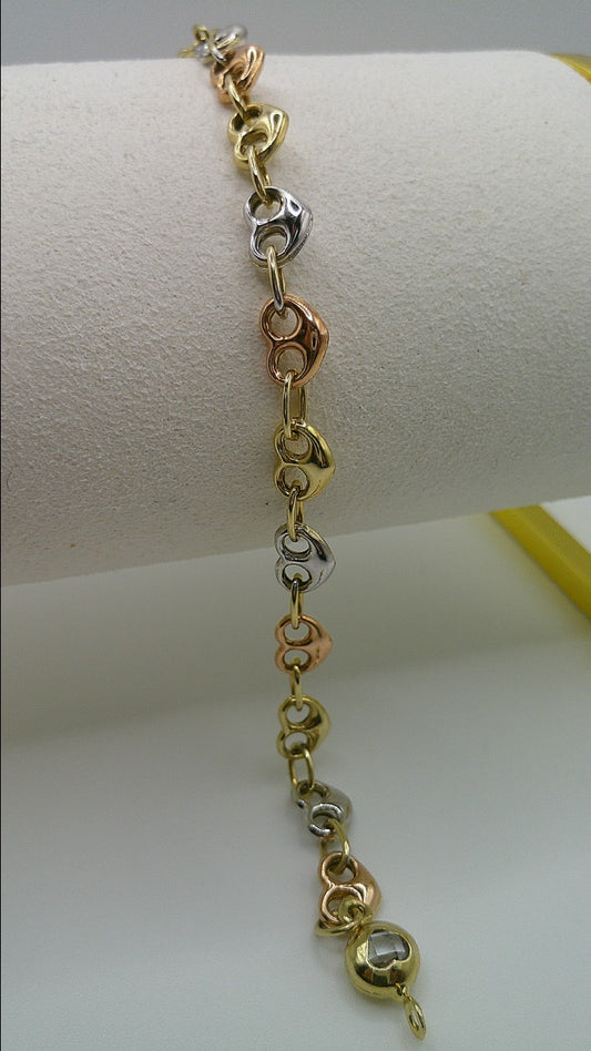 14k gold tri-color heart link bracelet | yellow gold, rose gold, white gold | 7.25 inches