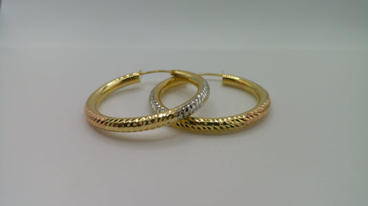 14k tri-color gold | yellow gold, rose gold, white gold | diamond cut hoop | 2mm