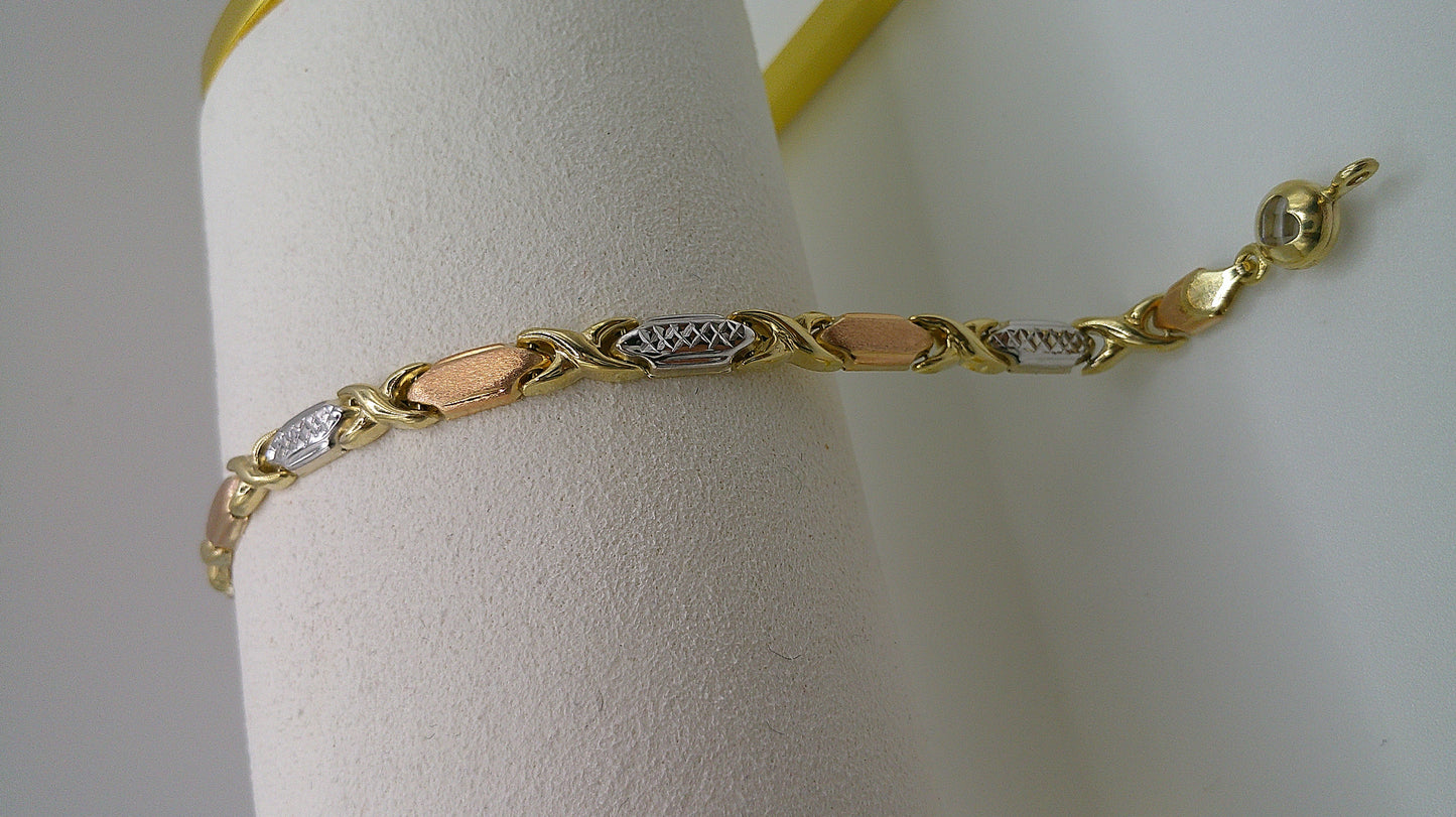 14k gold tri-color XO bracelet | yellow gold, rose gold, white gold | 7 inches