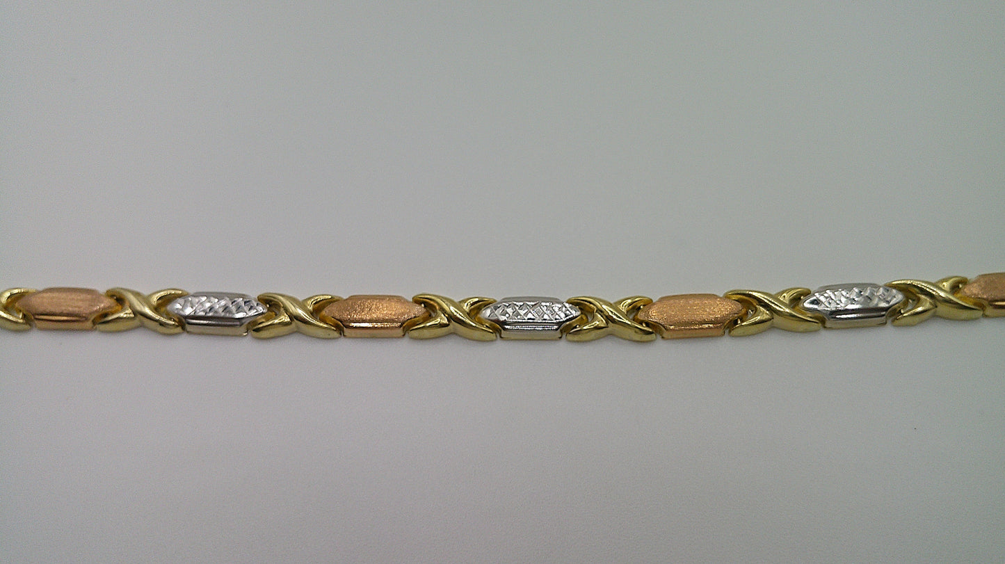 14k gold tri-color XO bracelet | yellow gold, rose gold, white gold | 7 inches