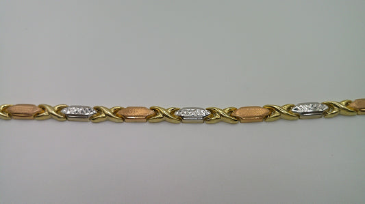 14k gold tri-color XO bracelet | yellow gold, rose gold, white gold | 7 inches