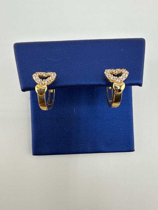 14k yellow and zirconia heart huggie earrings