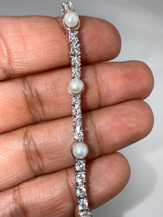 Sterling Silver, Pearl and Zirconia Tennis Bracelet