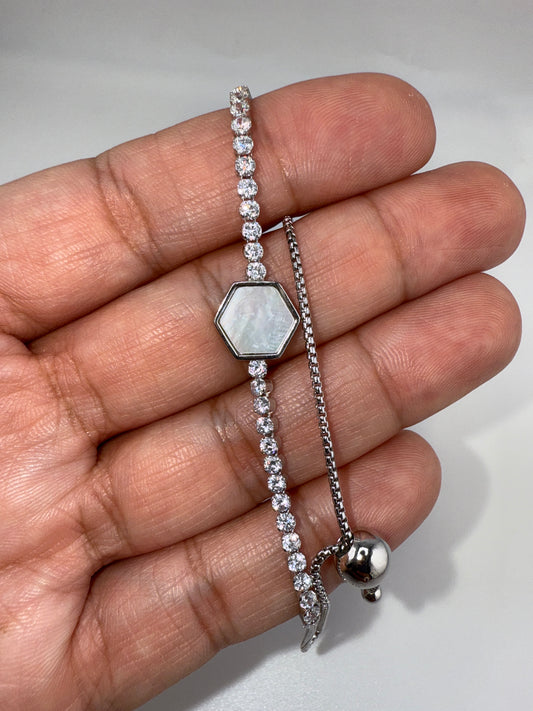 Sterling Silver, Hexagon MOP Center, Zirconia Adjustable Bolo Bracelet