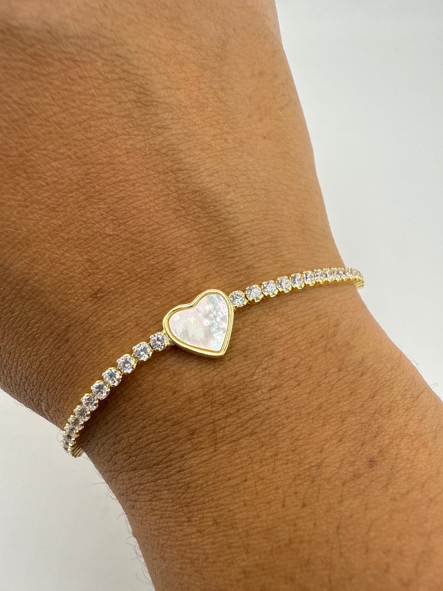 Sterling Silver Heart MOP Center Zirconia Adjustable Bolo Bracelet - Gold Plated