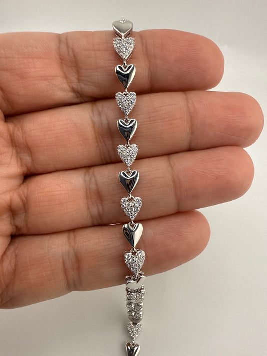 Sterling Silver Alternating Polished & Micro Pave Zirconia Heart Bracelet