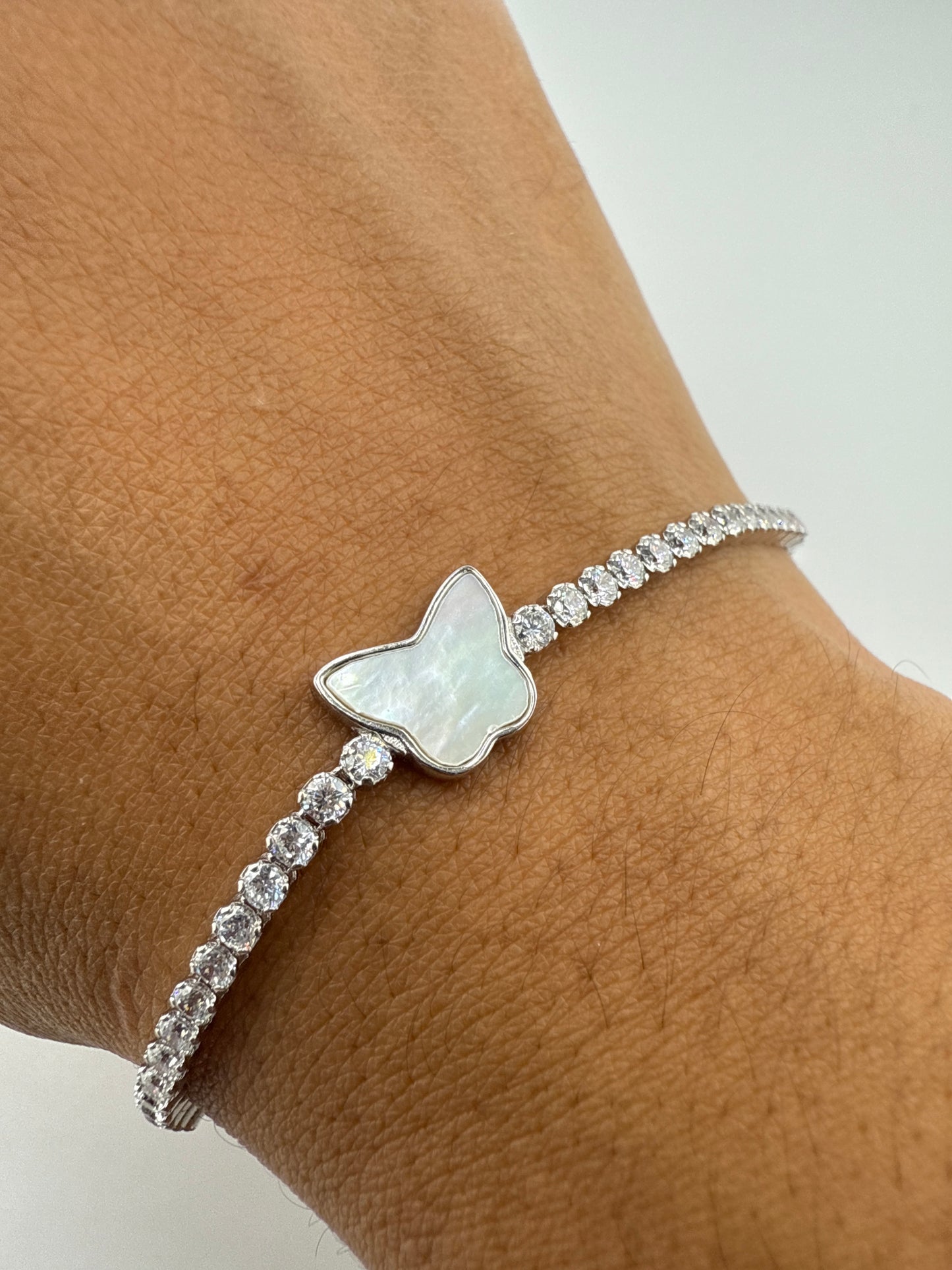 Sterling Silver Butterfly MOP Center, Zirconia Adjustable Bolo Bracelet