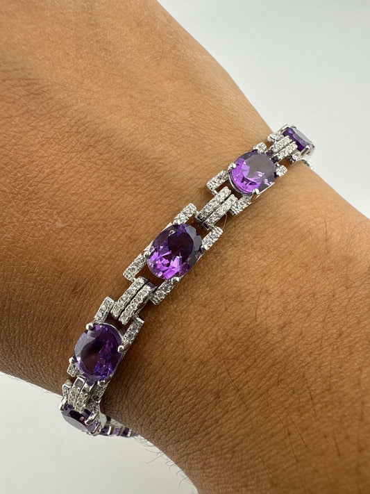 Sterling Silver, Oval & White Topaz Link Bracelet - Amethyst