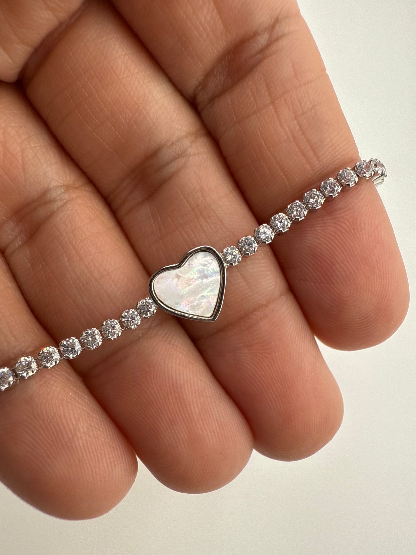 Sterling Silver Heart MOP Center Zirconia Adjustable Bolo Bracelet