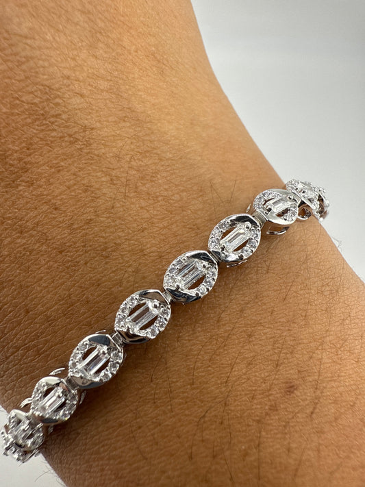 Sterling Silver Baguette Zirconia Oval Tennis Bracelet