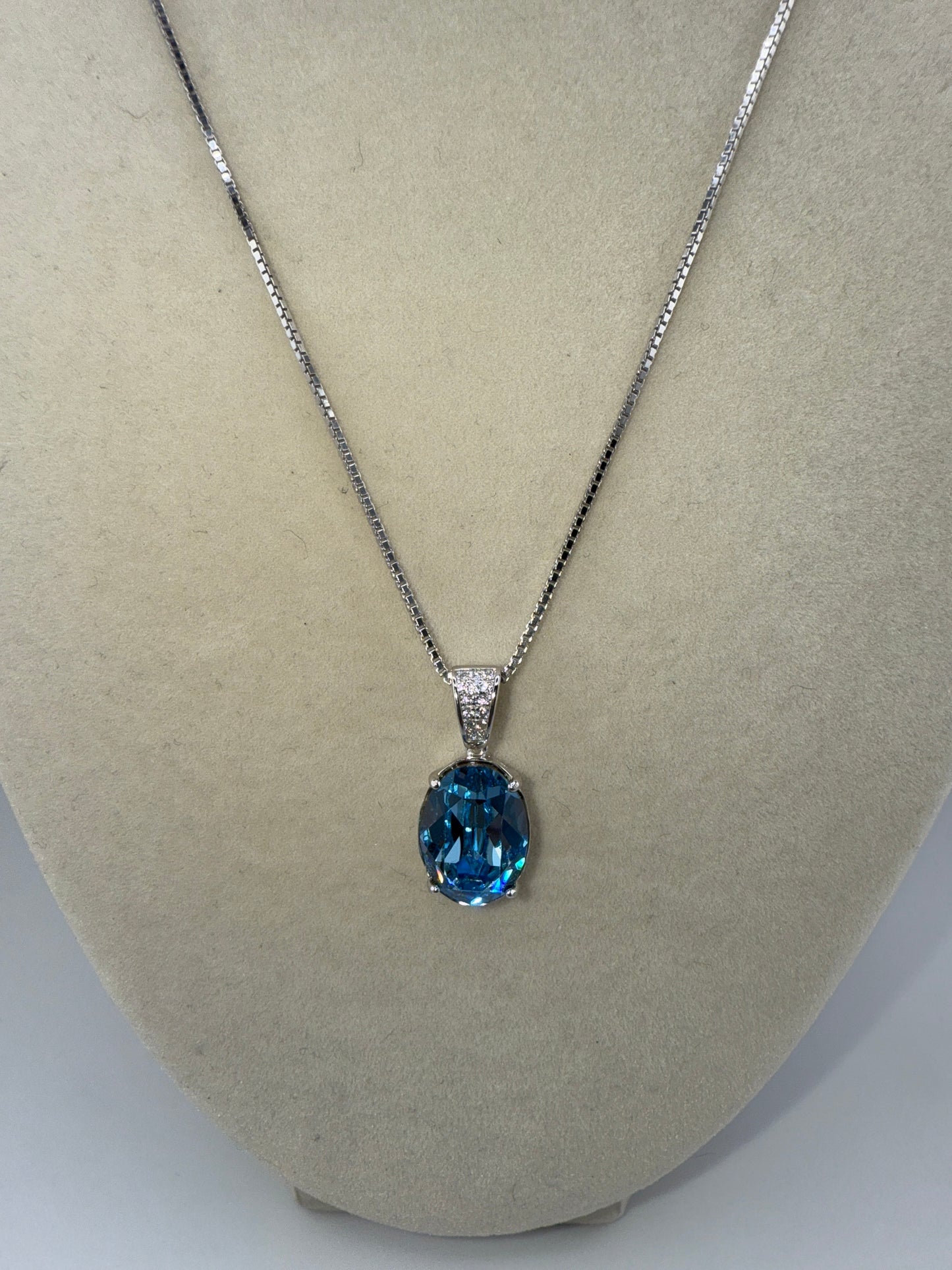 Sterling Silver Zirconia Bale and 14x10mm Oval - Aqua Swarovski Element Necklace